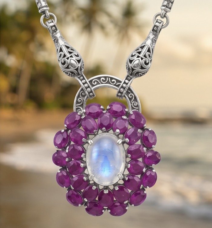 Isabella - Rare finding- 17.9 carat Rose Quartz Ruby .925 Sterling Silver handcrafted Statement Necklace - Elegant pendant with rose quartz and ruby stones, detailed front view.