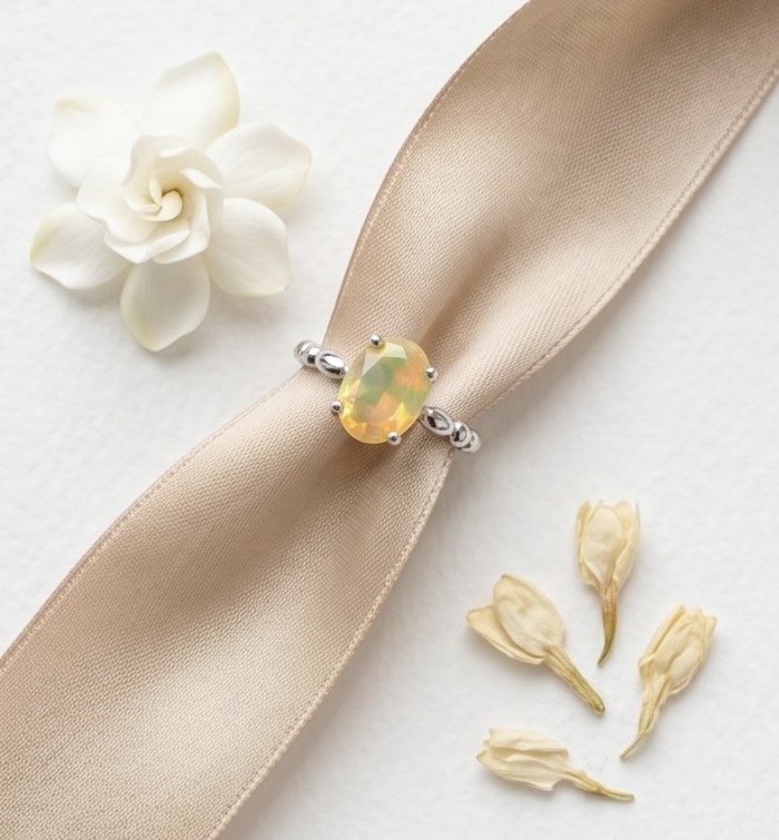 A Milky Way Genuine 2.8 carat Fire Opal .925 Sterling Silver handmade Ring size 8 - Fire opal ring on ribbon with floral accents, top view