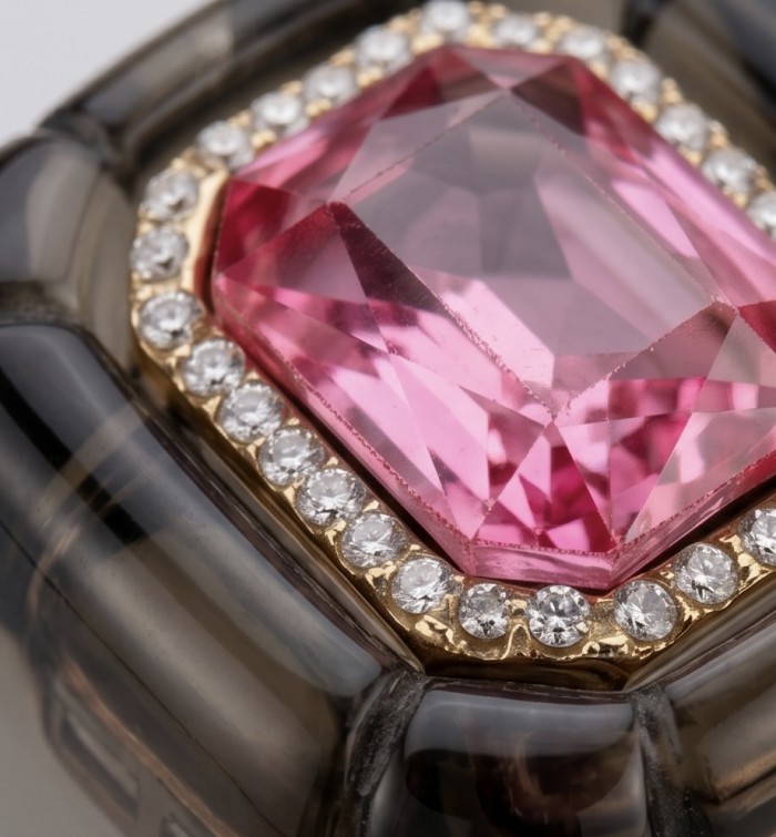 Candy Store - Modern Design Natural Brown Raisin Pink Topaz .925 Sterling Silver ring size 8 1/4 - Stone close-up of pink topaz with diamond accents in modern setting.