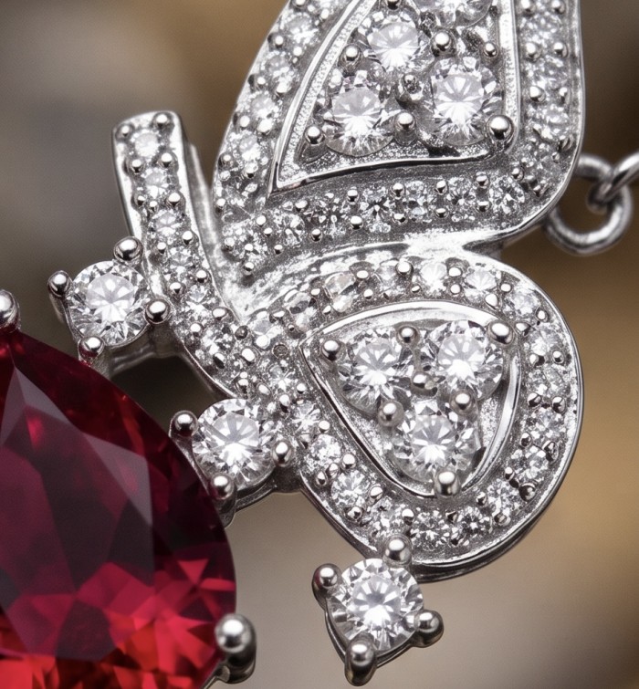 Giovanna - Magnificent Jewel 5.2 carat Ruby .925 Sterling Silver handcrafted incredible Statement Bracelet - Close-up of Giovanna pendant with ruby and diamond accents