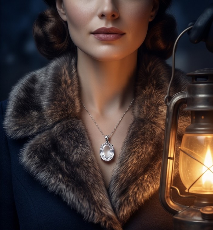 Classic Design 22.5 carat oval cut White Topaz .925 Sterling Silver handcrafted Pendant - White Topaz necklace worn, fur coat detail, lantern glow ambiance.
