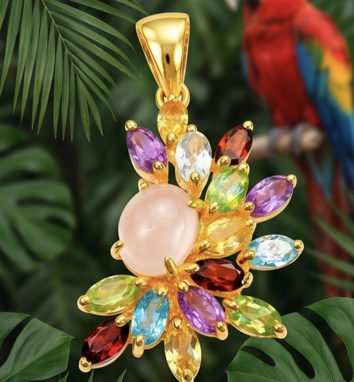 Brazilian Beauty 12.9 carat ROSE QUARTZ 18K Gold over .925 Sterling Silver handcrafted pendant - Close-up of Brazilian Beauty rose quartz pendant with colorful gems