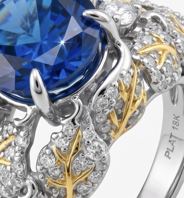 Precious Design oval cut 9.9 CARAT Tanzanite 18K Gold over .925 Sterling Silver Statement Ring s. 6 1/4 - Stone close-up of 9.9 carat tanzanite ring with gold and diamond accents.