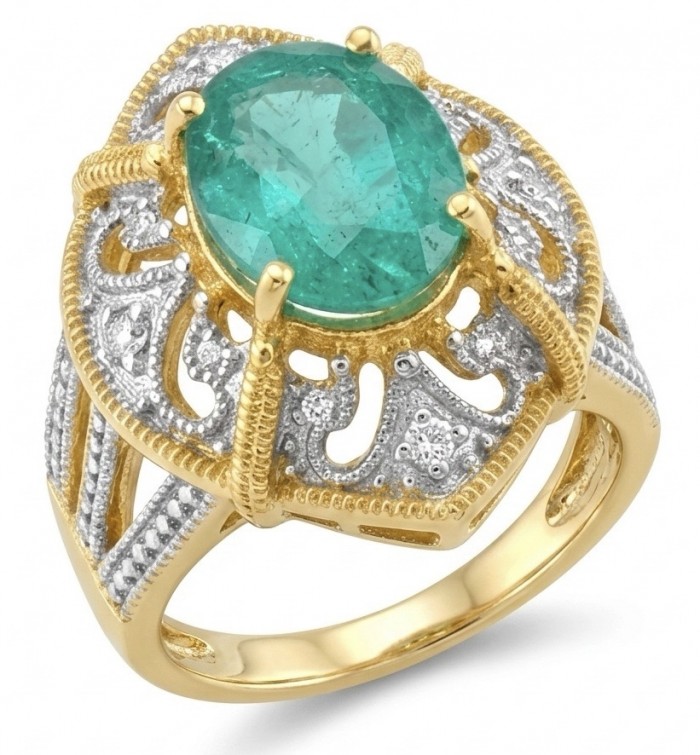 Victorian Style Beauty - Authentic 7.4 carat COLOMBIAN EMERALD .925 Sterling Silver dipped in 18K Gold handcrafted Statement Ring size 7 - Victorian style ring with emerald stone, top view.