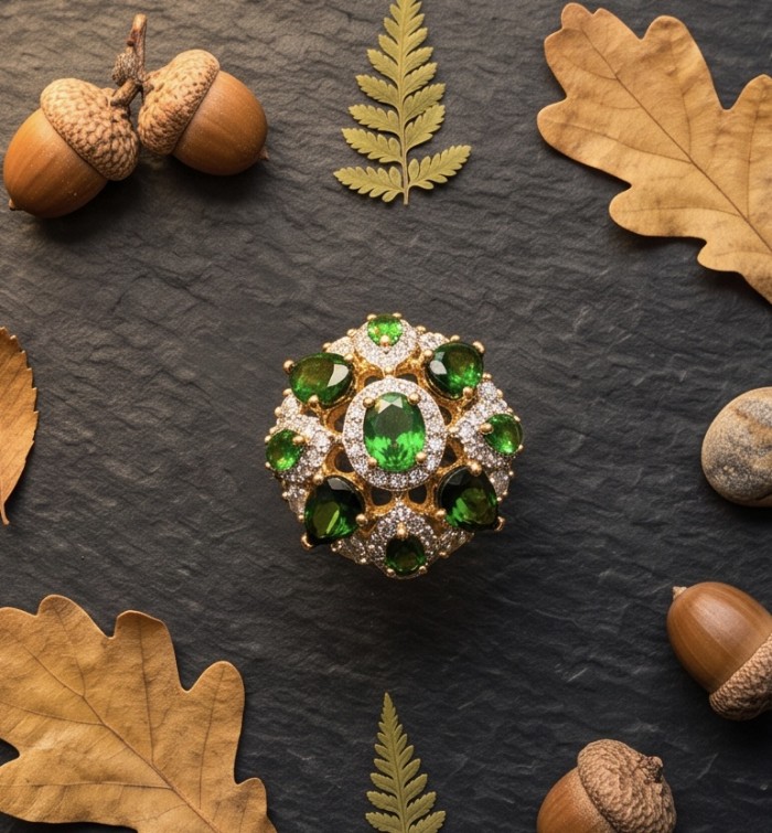 Spectaculat 9.2 carat Travorite Garnet 18K Gold over .925 Sterling Silver Statement Ring size 7 3/4 - Green garnet brooch on slate with acorns and leaves, top view.