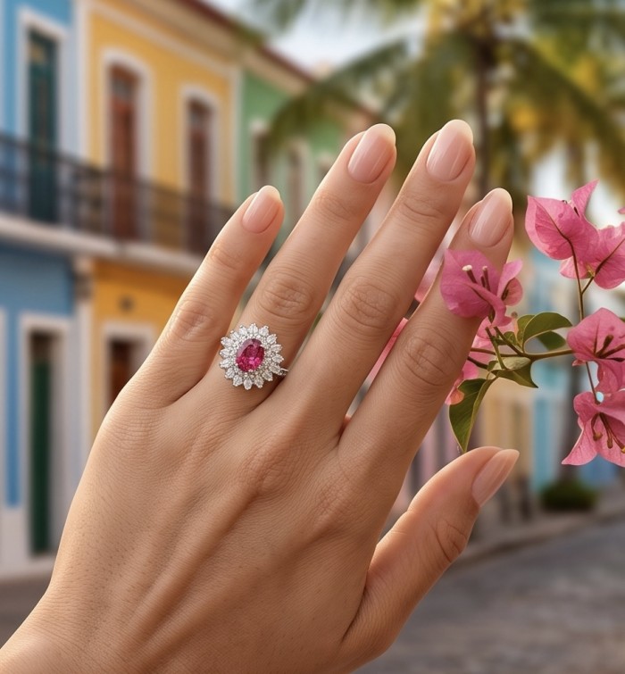 Scarlett 3.4 ctw Mozambique Ruby .925 Sterling Silver handcrafted Statement Ring size 7 1/4 - Ruby ring worn on hand with colorful buildings in the background.