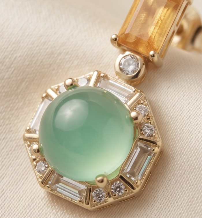 Valentina 5.2 carat Emerald .925 Sterling Silver dipped in 18K Gold Statement handcrafted earrings - Close-up of 5.2 ct emerald pendant with gems, gold setting