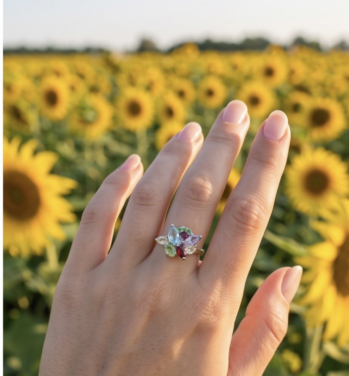 Flower 5.8 carat Multigem rhodium over .925 Sterling Silver Handcrafted Ring size 7 - Colorful multigem ring worn on hand in a sunflower field backdrop
