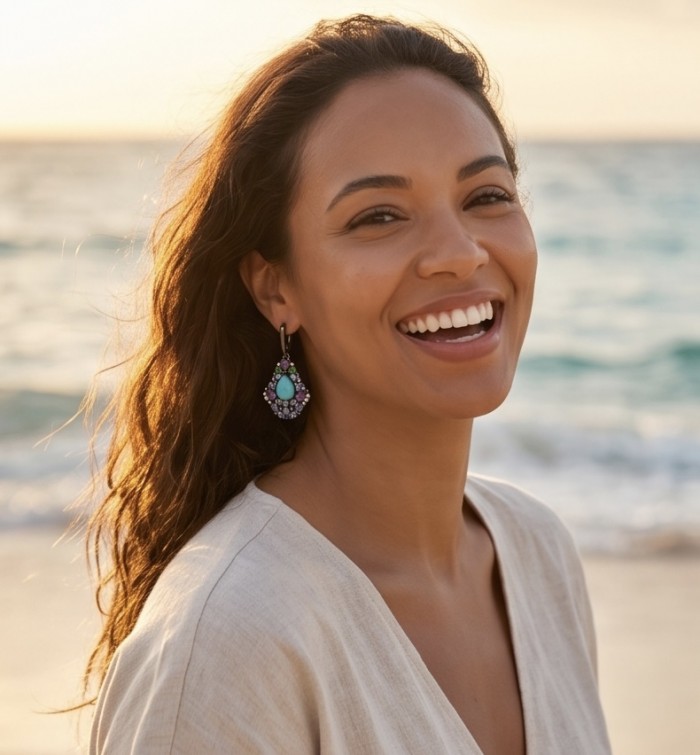 Discover the captivating allure of Genuine Caribbean Larimar black rhodium over .925 Sterling Silver STATEMENT earrings - Woman wearing Caribbean Larimar earrings by the beach, face in profile.