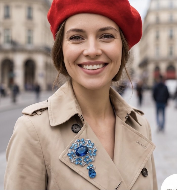 An exuberantly Large 58.2 grams Vintage style Swiss Blue Topaz .925 Sterling Silver DIPPED IN RHODIUM handmade LARGE Pendant - Brooch - Blue gemstone brooch on tan coat worn by smiling person.