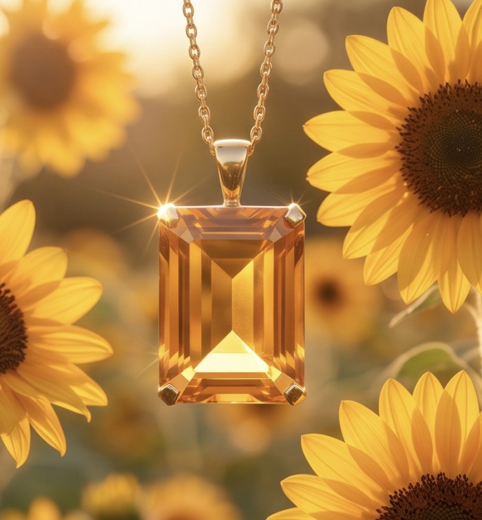 Baquette cut 28.4 carat Lemon Quartz 18K Gold over .925 Sterling Silver handcrafted pendant - Close-up of lemon quartz pendant with sunflowers in background