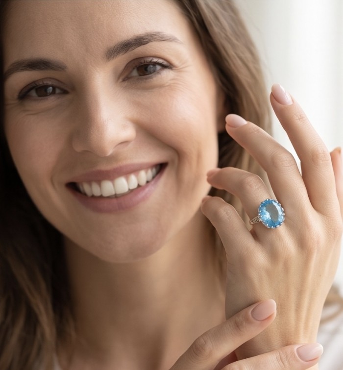 Atlantica 15.8 carat Swiss Blue Topaz .925 Sterling Silver dipped in rhodium handcrafted ring size 7 - Woman wearing Atlantica 15.8 ct blue topaz ring on hand, close-up view