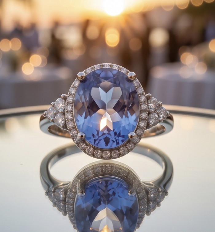Born to Glam 8.2 carat natural Tanzanite .925 Sterling Silver dipped in rhodium Perfectly handcrafted Ring s. 7 - Close-up of 8.2 carat Tanzanite ring reflecting sunset, Sterling Silver.