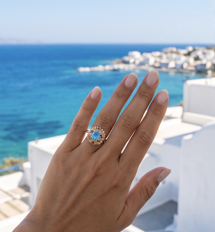 Atlantica 2.8 carat Swiss Blue Topaz .925 Sterling Silver dipped in rhodium handcrafted ring size 7 - Ring with Swiss Blue Topaz worn on hand, scenic ocean background
