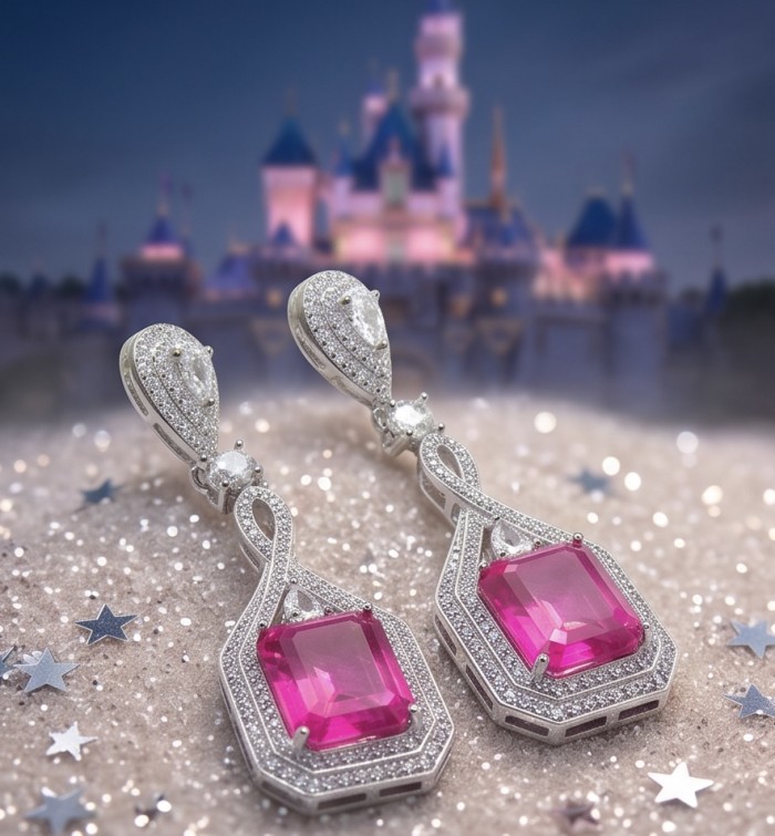 Incredible 10.5 carat Pink Topaz .925 Sterling Silver entirely handmade earrings - Close-up of pink topaz earrings in sterling silver on a sparkly backdrop.