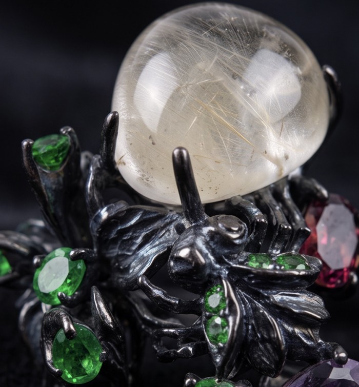 Large Best quality Golden Rutilated Quartz black rhodium over .925 Sterling Silver handcrafted Ring Size 8 1/2 - Stone close-up of Golden Rutilated Quartz with green gem accents.