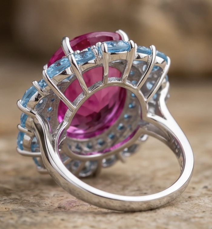 Anastasia 28.2 carat Pink Sapphire .925 Sterling Silver dipped in Rhodium Handcrafted Statement Ring size 8 - Underside view of Anastasia 28.2ct Pink Sapphire ring in silver setting