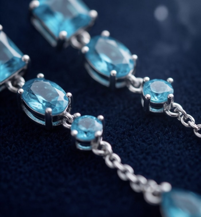 Atlantica - 5.7 carat Emerald .925 Sterling Silver dipped in Rhodium Handcrafted Statement earrings - Close-up of Atlantica emerald stones set in sterling silver chain