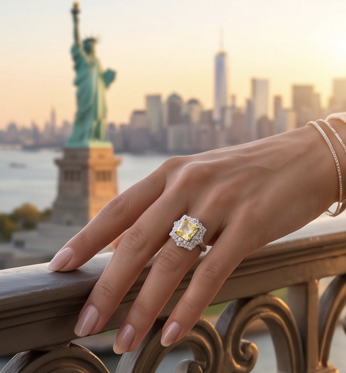 Luxurious asscher cut 5.9 carat Yellow Sapphire .925 Sterling Silver handcrafted Ring s. 6 - Yellow sapphire ring worn on hand, Statue of Liberty in background.