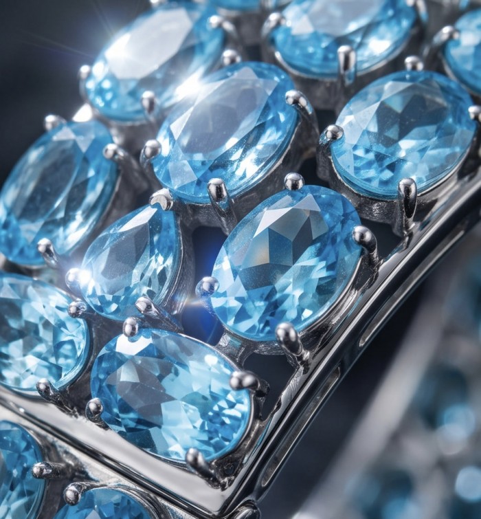 Serenity - Spectacular authentic 155.7 carat Swiss Blue Topaz .925 Sterling Silver handmade bangle Bracelet - Close-up of Swiss Blue Topaz stones in jewelry setting