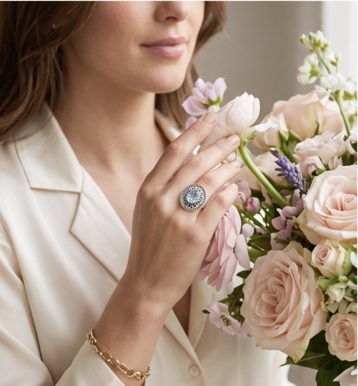 Atlantica 11.8 carat Swiss Blue Topaz .925 Sterling Silver dipped in rhodium handcrafted ring size 7 1/4 - Worn on hand, Atlantica 11.8ct Swiss Blue Topaz ring with flowers.