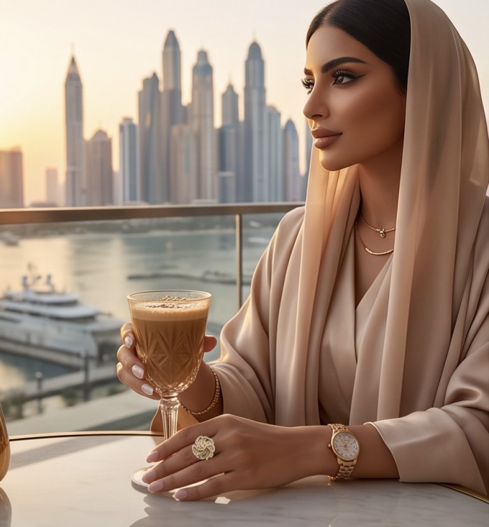 GOLDEN ROSE - Dubai Style - .925 Sterling Silver dipped in 22K Gold handmade Large ring size 8 1/4 - Side view of GOLDEN ROSE ring worn on hand, with Dubai skyline backdrop.