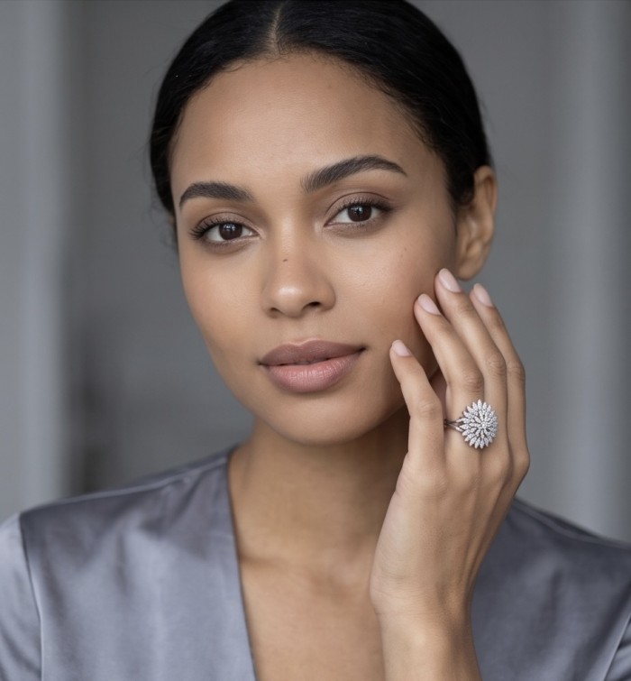 Real Beauty - asscher cut 8.5 carat White Topaz .925 Sterling Silver Handcrafted Statement Ring size 8 - Woman wearing Real Beauty ring, 8.5 carat white topaz, front view.
