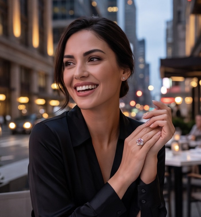Izabella Luxurious natural 6.8 carat Ruby rhodium over .925 Sterling Silver handmade incredible ring s. 7 1/2 - Ruby ring worn on hand in an urban evening setting.