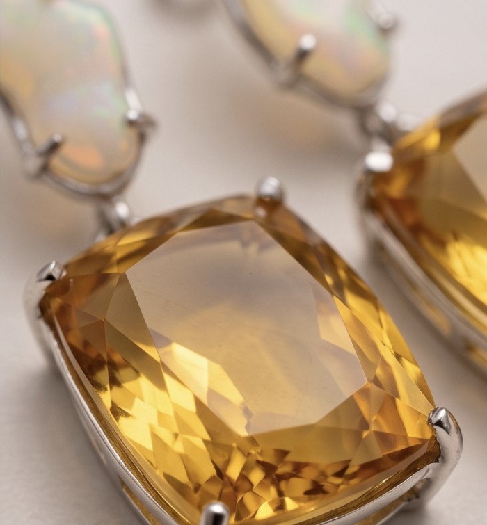 Esperanza - Luxurious 22.2 Lemon Quartz rough real Australian Opal rhodium over .925 Sterling Silver handmade Earrings - Close-up of Esperanza Lemon Quartz stones in jewelry setting