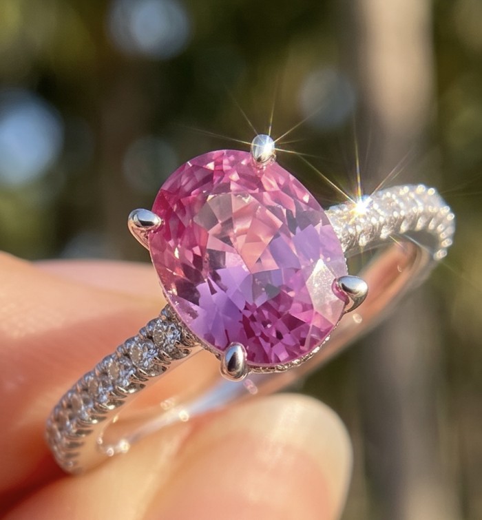 Tiffany - authentic oval cut 4.5 carat Pink Sapphire .925 Sterling Silver Handcrafted Statement Ring size 8 1/4 - Close-up of Tiffany pink sapphire ring with diamond-accented band.