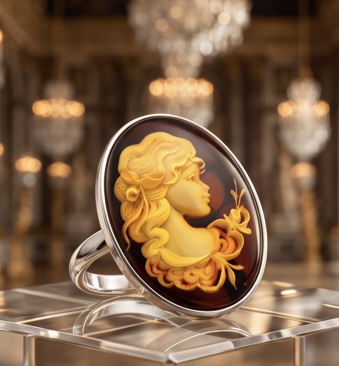 Beautiful Authentic Cameo carved Baltic Amber .925 Sterling Silver handcrafted ring; s. 7 adjustable - Close-up of cameo ring with carved amber and silver setting