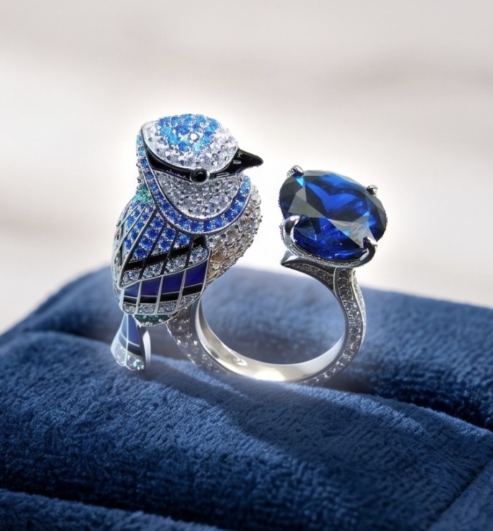 Blue Bird 6.8 carat genuine Sapphire .925 Sterling Silver dipped in Rhodium Ring size 7 - Blue Bird ring showcasing sapphire and silver side view on velvet cushion.