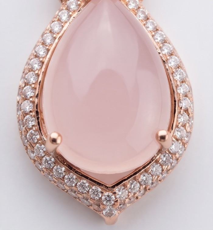 Scarlett 8.5 carat Brazilian Rose Quartz 22K Gold over .925 Sterling Silver handcrafted Statemen pendant - Close-up of Scarlett rose quartz pendant with diamond accents