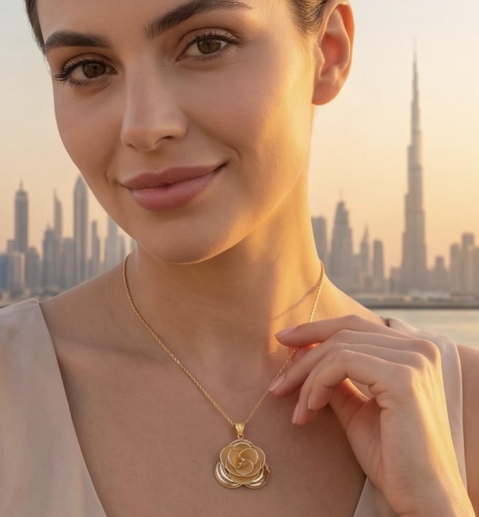 Dubai Style - Golden Rose .925 Sterling Silver dipped in 22K Gold handmade Pendant - Woman wearing Dubai Style Golden Rose necklace, city skyline in background.