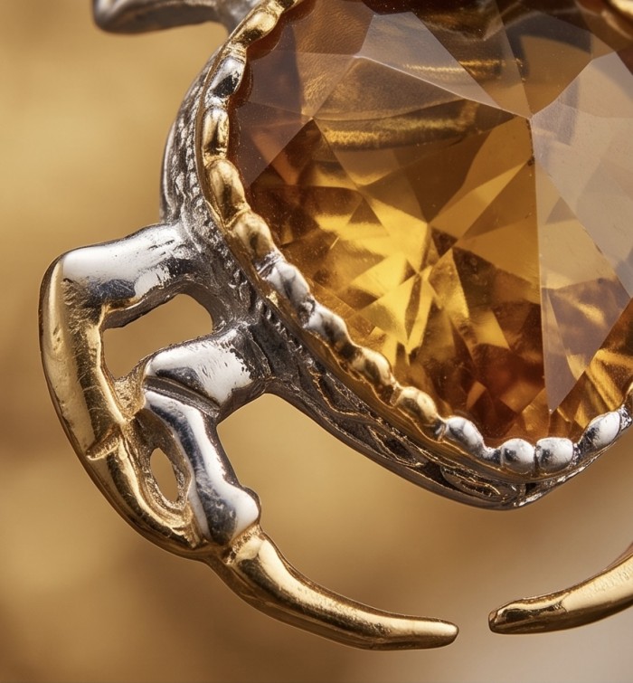 Authentic 15.9 catat Champagne Topaz Scarabaeus 18K Gold over .925 Sterling Silver handmade Pendant - Close-up of Champagne Topaz Scarabaeus with 18K gold detailing