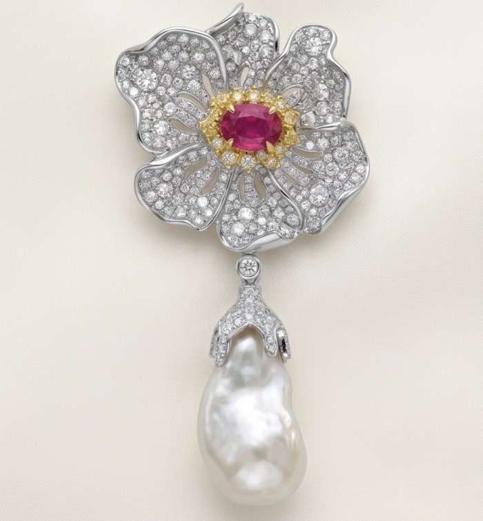 Vintage Beauty 4.5 carat Ruby rhodium ver .925 Sterling Silver handmade Pendant Brooch - Close-up of ruby and diamond flower brooch with pearl drop.