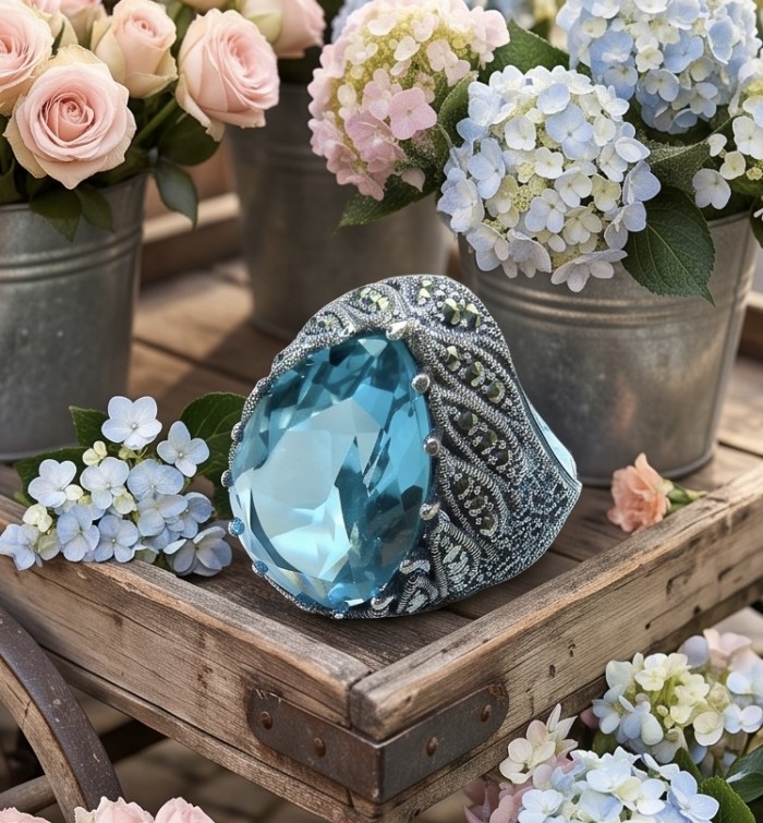 Massive Deep Blue 18.8 carat Aquamarine Marcasite .925 Sterling Silver handcrafted ring size 10 - Massive aquamarine ring with marcasite detail next to flowers