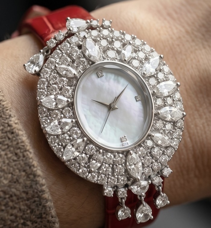Precious 22.5 carat Authentic Moissanite Genuine red Leather strap .925 Sterling Silver handmade Watch - Close-up of jeweled watch with red leather strap, worn on wrist.