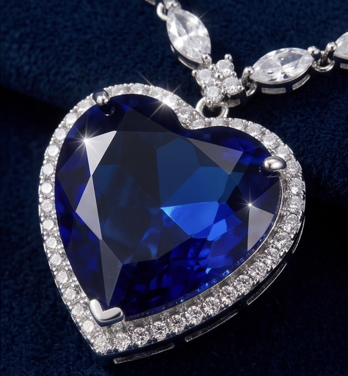 Titanic - Heart of The Ocean Necklace ~ 24.5 Ct Blue Sapphire Necklace In 925 Sterling Silver necklace - Close-up of Heart of the Ocean necklace with blue sapphire stone.