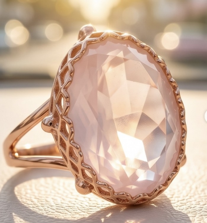 Top quality 22.2 carat Brazilian Rose Quartz .925 Sterling Silver dipped in 18K Gold Handcrafted Ring size 10 1/4 - Rose quartz ring close-up with intricate rose gold setting.