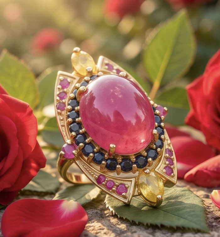 King of Gems Genuine 24.5 CARAT Mozambique Ruby 18K Gold over .925 Sterling Silver Large Statement Ring size 7 - Close-up of King of Gems 24.5 carat Mozambique Ruby in 18K gold setting