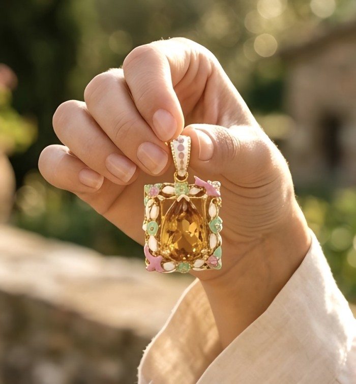 Paradise 15.4 carat Lemon Quartz Enamel 18K Gold over .925 Sterling Silver handcrafted pendant - Close-up of Paradise 15.4ct Lemon Quartz pendant held in hand.