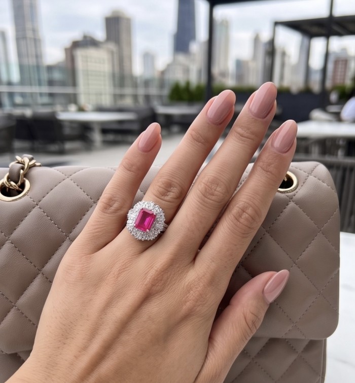 Anastasia 6.8 carat Pink Sapphire .925 Sterling Silver dipped in Rhodium Handcrafted Statement Ring size 7 - Hand wearing Anastasia 6.8ct pink sapphire ring with city view.