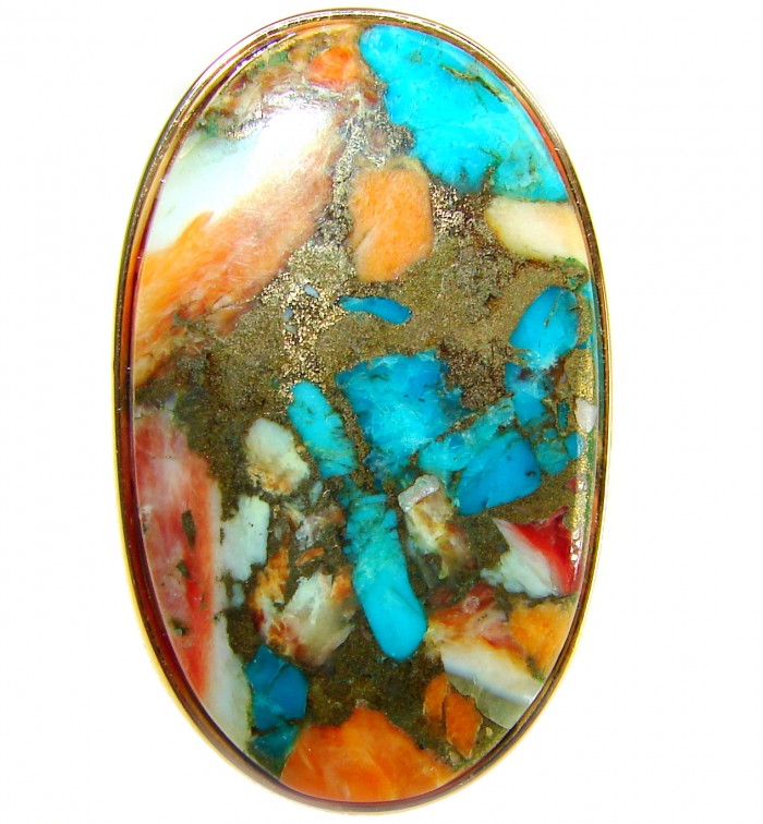 Rare 31.5 carat Oyster Turquoise 18K Gold over .925 Sterling Silver handcrafted Large ring; s. 8 adjustable - Stone close-up of rare 31.5 carat Oyster Turquoise with gold setting