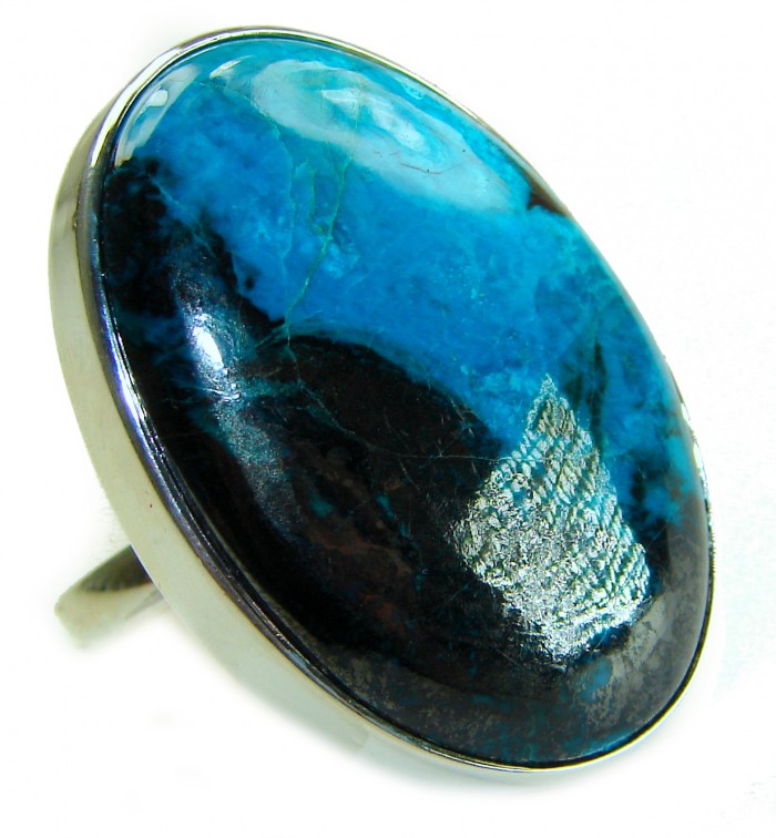 Great quality Parrot's Wings Chrysocolla .925 Sterling Silver handcrafted Ring size 7 adjustable - Stone close-up of Parrot's Wings Chrysocolla in .925 Sterling Silver