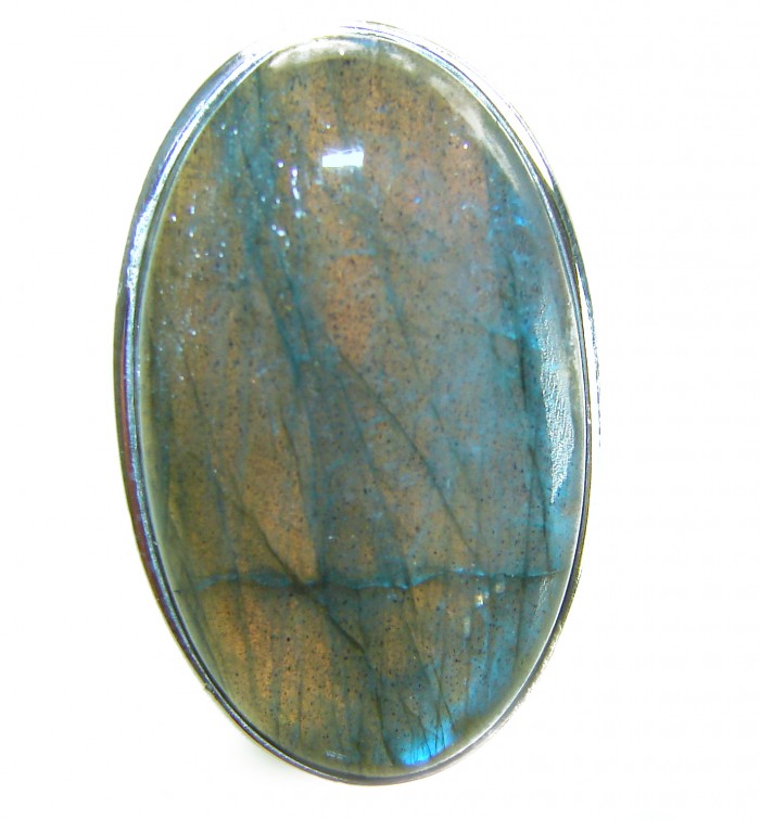 Shimmering Natural Labradorite .925 Sterling Silver handcrafted Large ring size 7 adjustable - Close-up of shimmering labradorite in .925 sterling silver setting.