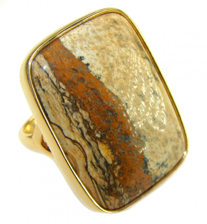 Huge Picture Jasper 14K Gold over .925 Sterling Silver handcrafted ring s. 9 - Close-up of Picture Jasper gold-plated silver ring.