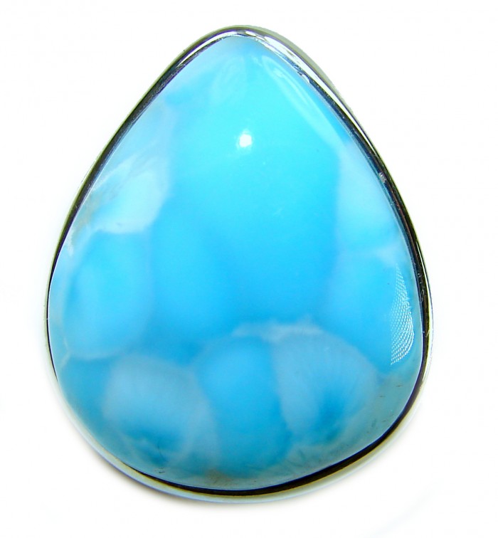 Caribbean Beauty 38.5 carat Genuine perfectly Blue Larimar .925 Sterling Silver handmade LARGE ring size 8 adjustable - Close-up of a teardrop-shaped blue Larimar stone.