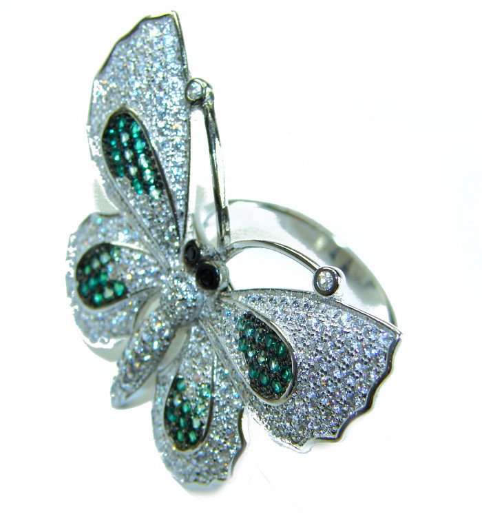 Precious Butterfly Genuine 10.5 carat Emerald .925 Sterling Silver handmade LARGE Statement Ring size 8 - Butterfly ring with emeralds and sterling silver, angled side view.