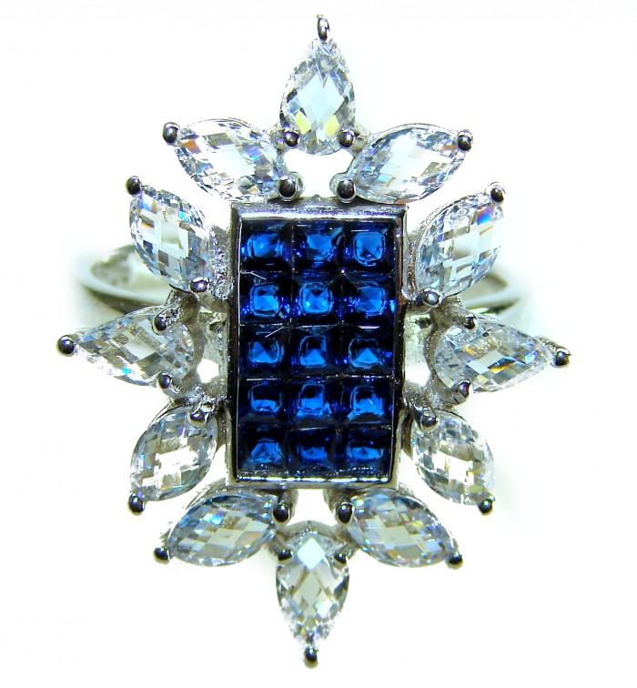 Art Deco - Precious Sapphire - authentic 22.2 carat Sapphire .925 Sterling Silver Eternity Ring size 7 1/2 - Sapphire ring front view, surrounded by clear marquise stones.